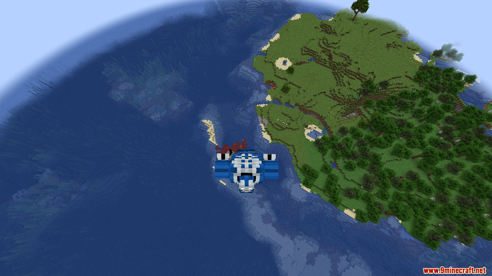 Player flying high above the ocean in a blue and white armored suit