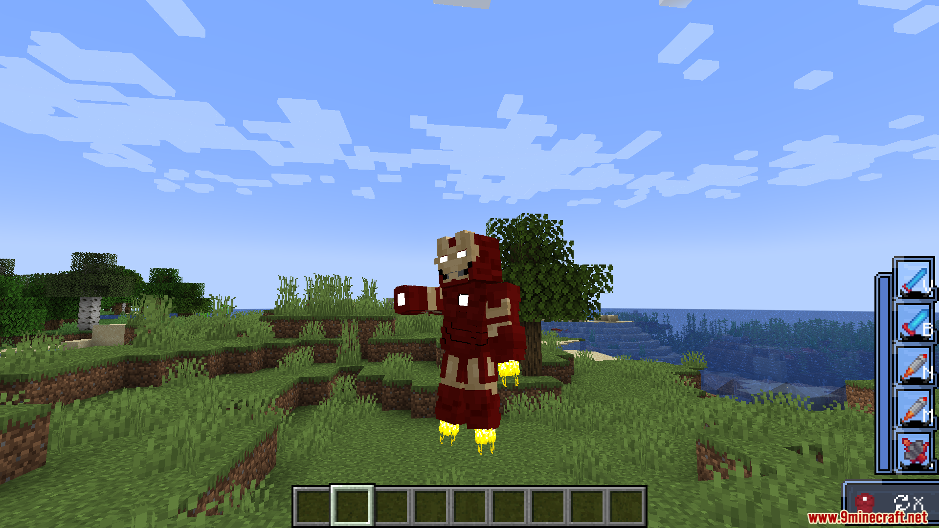 Player in powered armor aiming a weapon with a custom ability menu visible