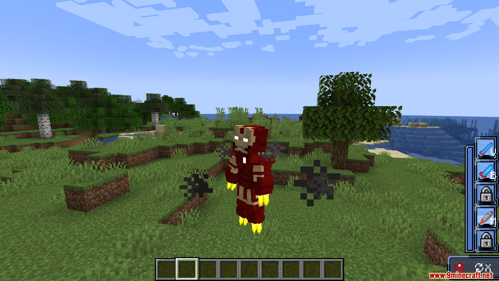 Player wearing an Iron Man suit hovering above the ground with particle effects