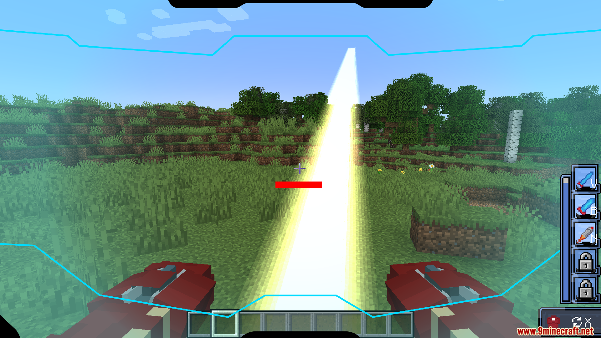 First person view from inside an Iron Man helmet firing a laser beam