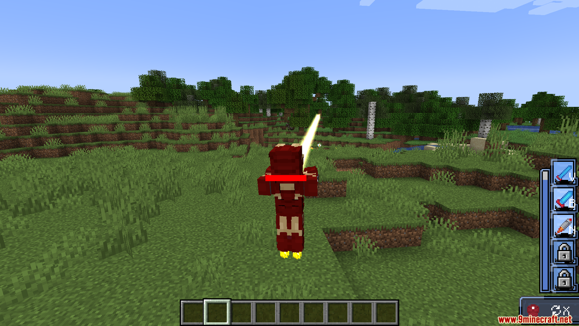 Minecraft player wearing Iron Man armor shooting a repulsor beam from their hand