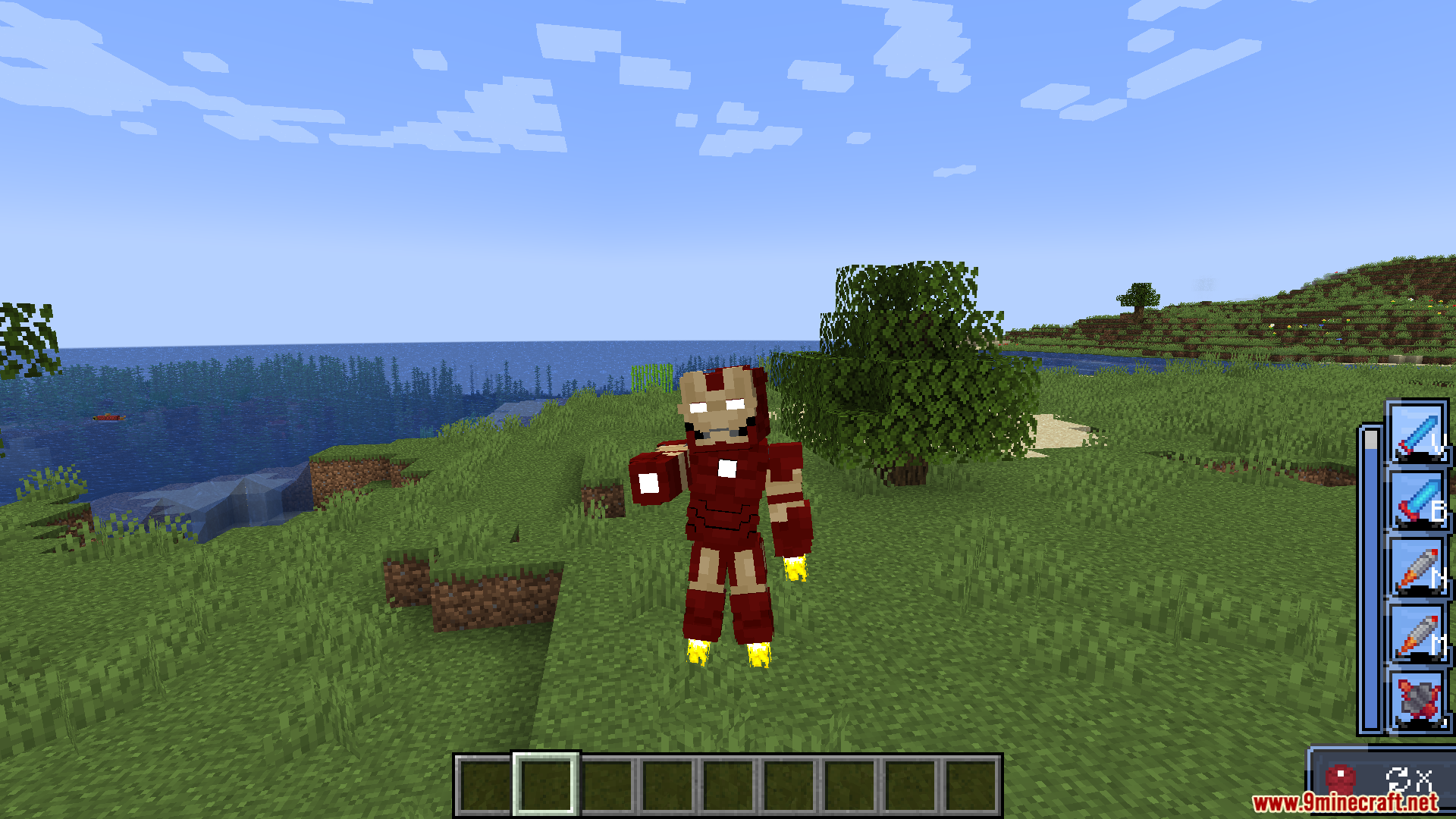 Front view of a player wearing Iron Man armor aiming their glowing hand