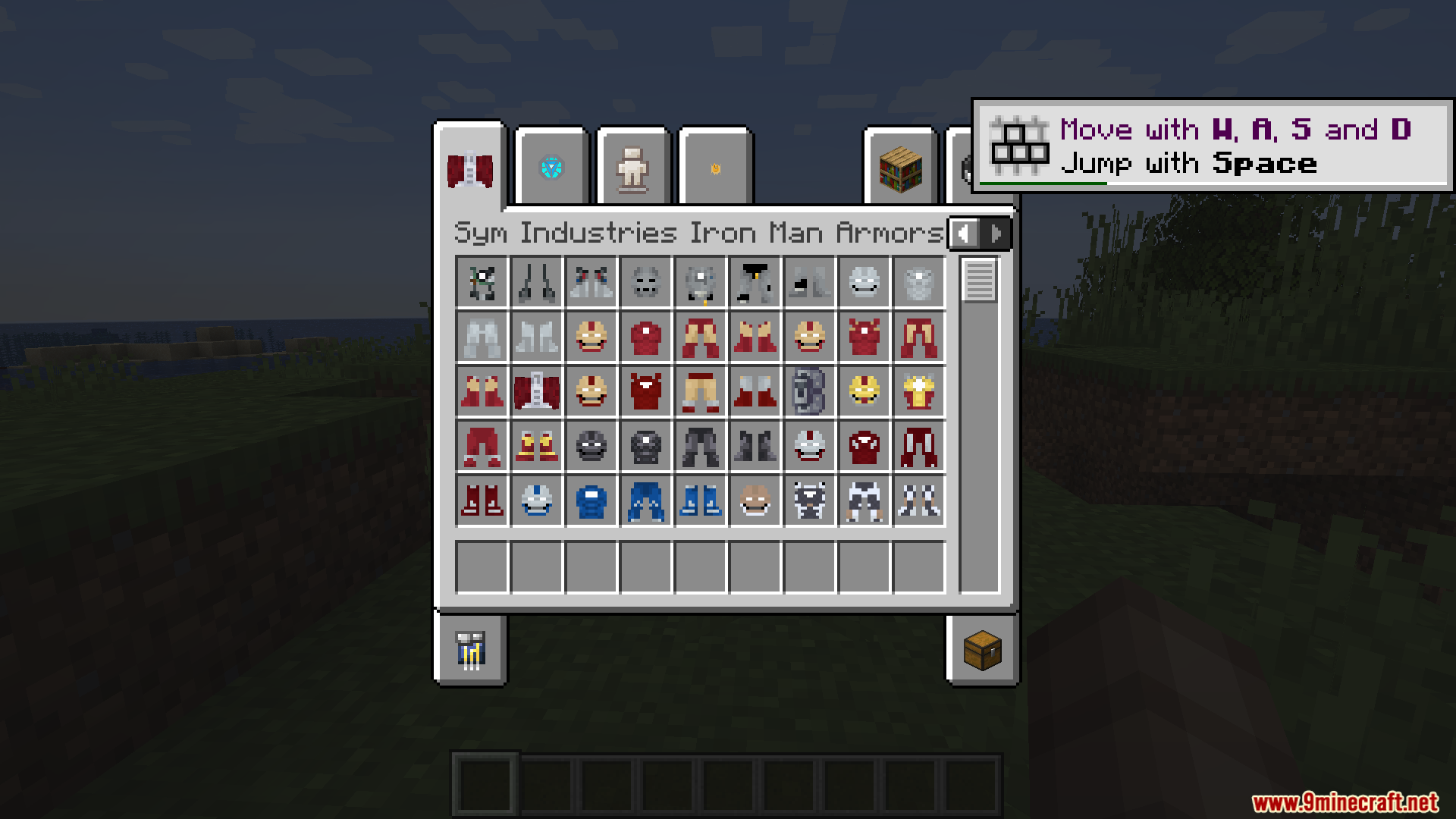 Creative inventory menu displaying a wide selection of Iron Man armor pieces
