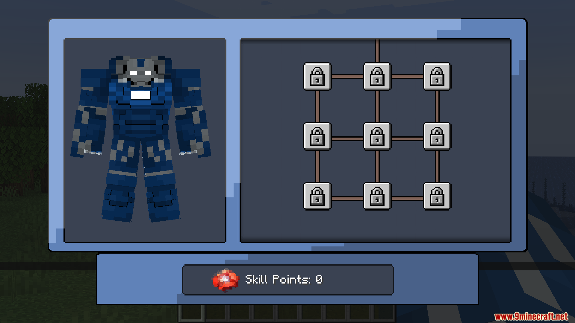 Skill tree menu for upgrading the blue armor suit with zero points