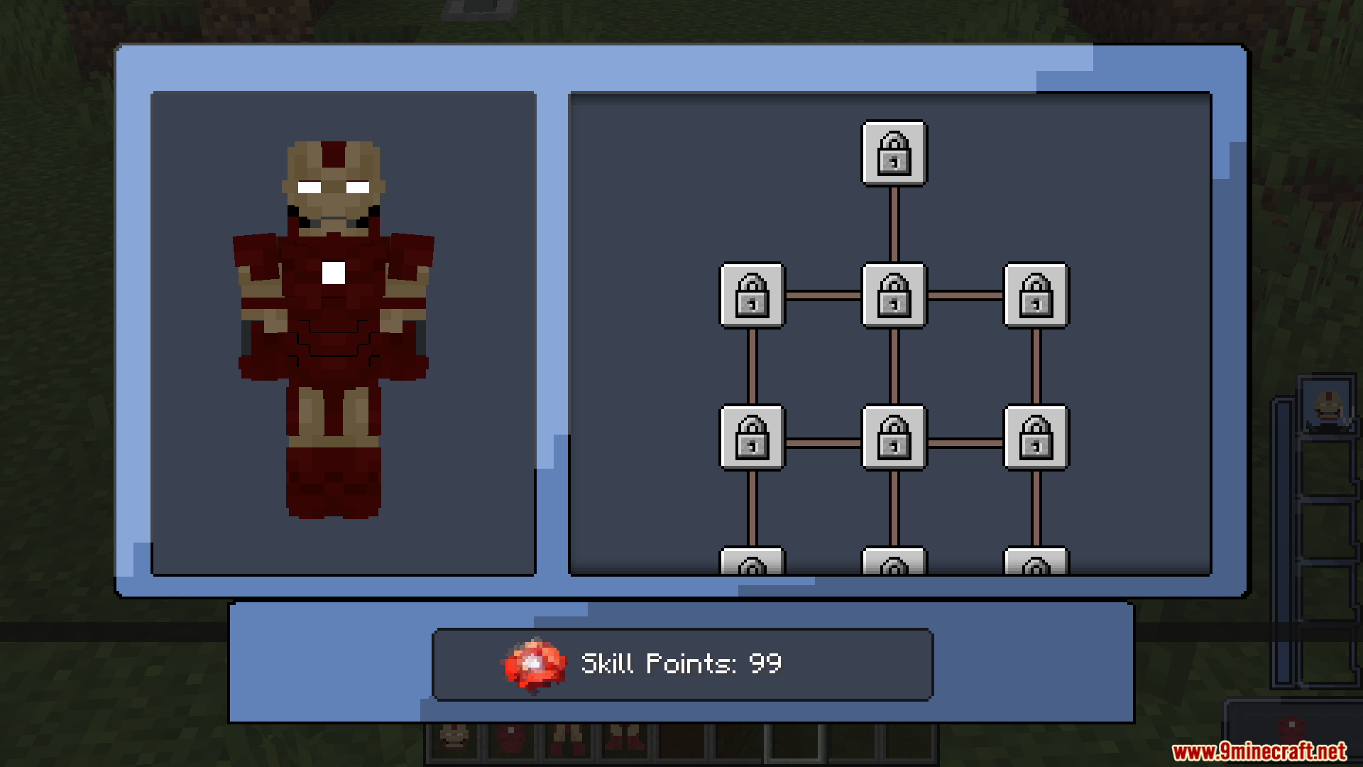 A skill tree interface for upgrading the Iron Man suit