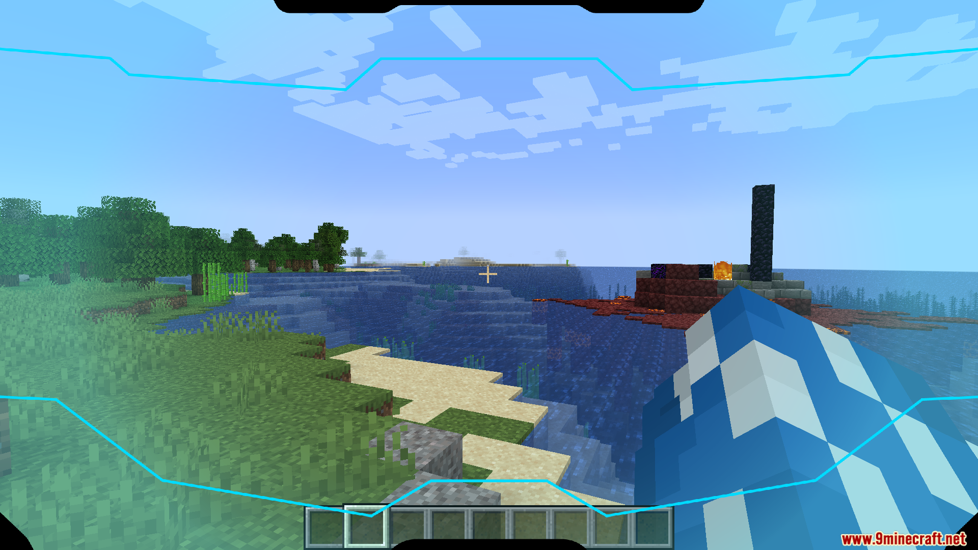 First person view of a player wearing blue armor with a futuristic HUD