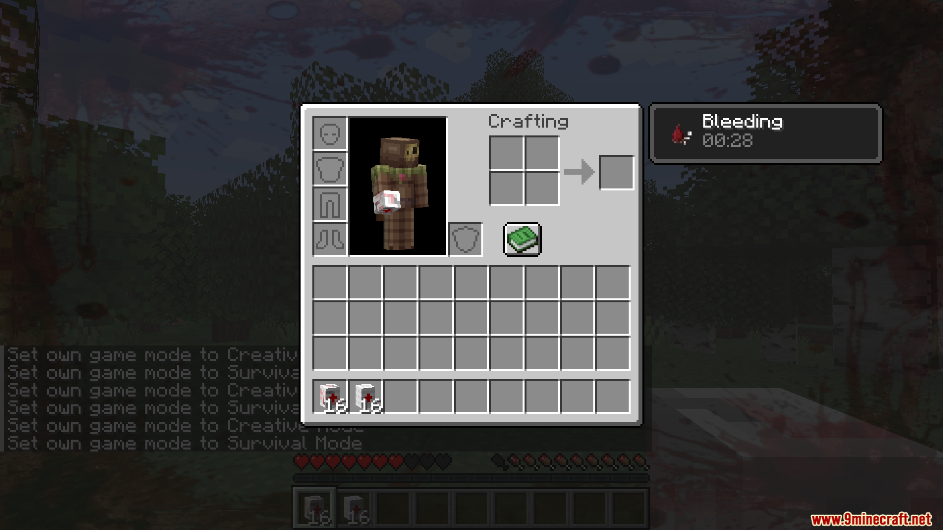 TaCZ Bleeding Mod Screenshot 7 Player inventory screen displaying the bleeding status effect and medical bandages