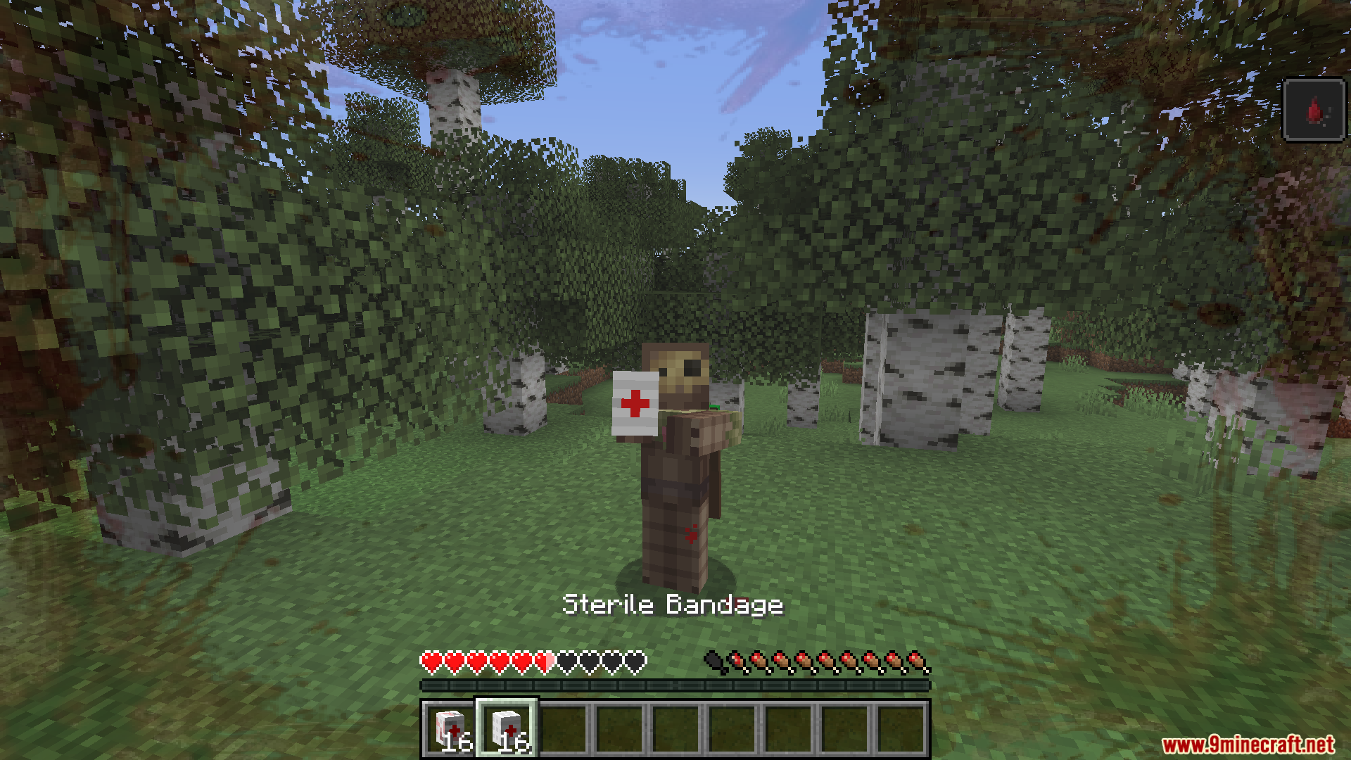 TaCZ Bleeding Mod Screenshot 9 Player holding a sterile bandage item to treat bleeding in a forest
