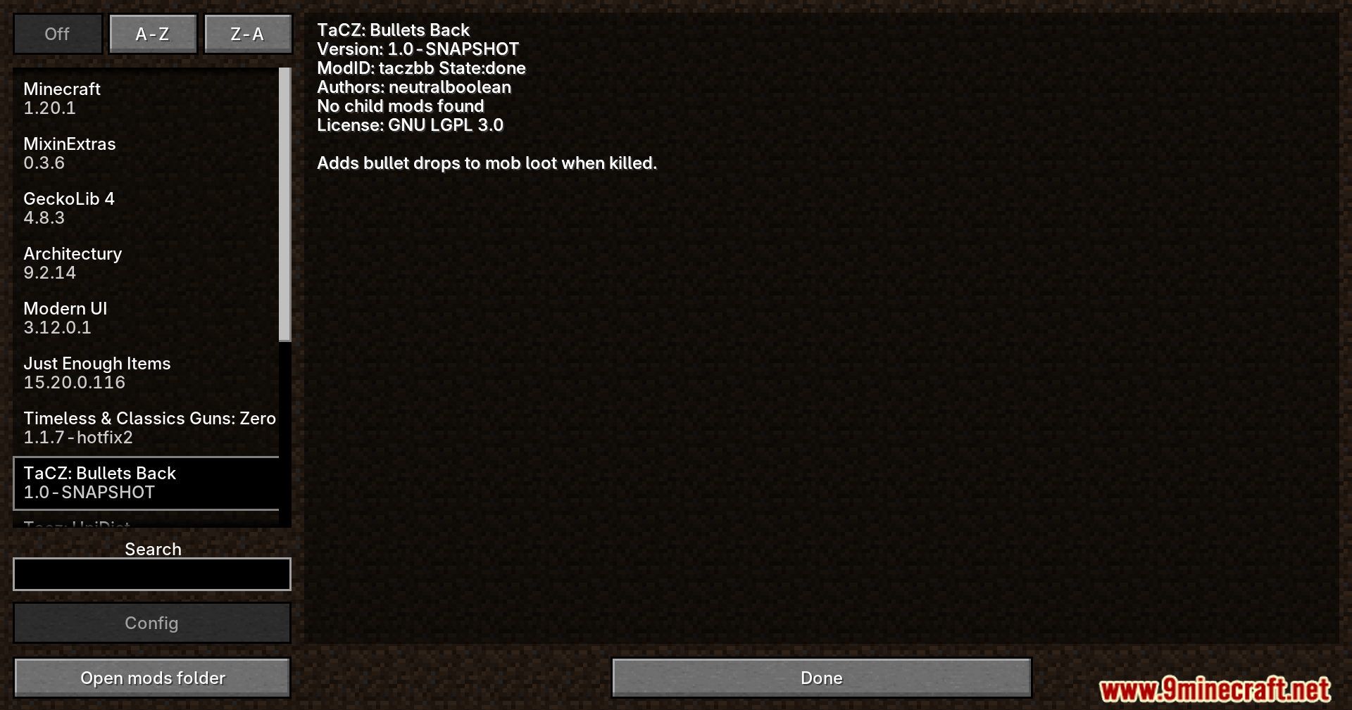 TaCZ Bullets Back Mod Screenshot 1 In game mods menu displaying the installed bullet drop modification details