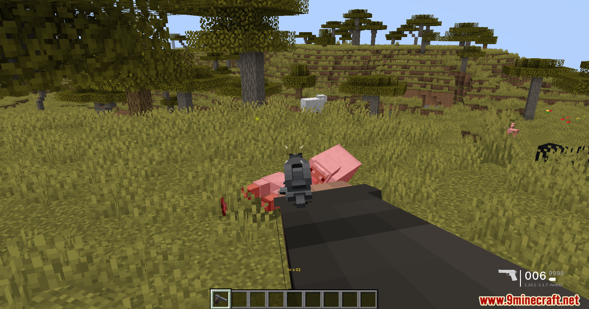 TaCZ Bullets Back Mod Screenshot 2 Player shooting a pig with a pistol to collect dropped bullet items