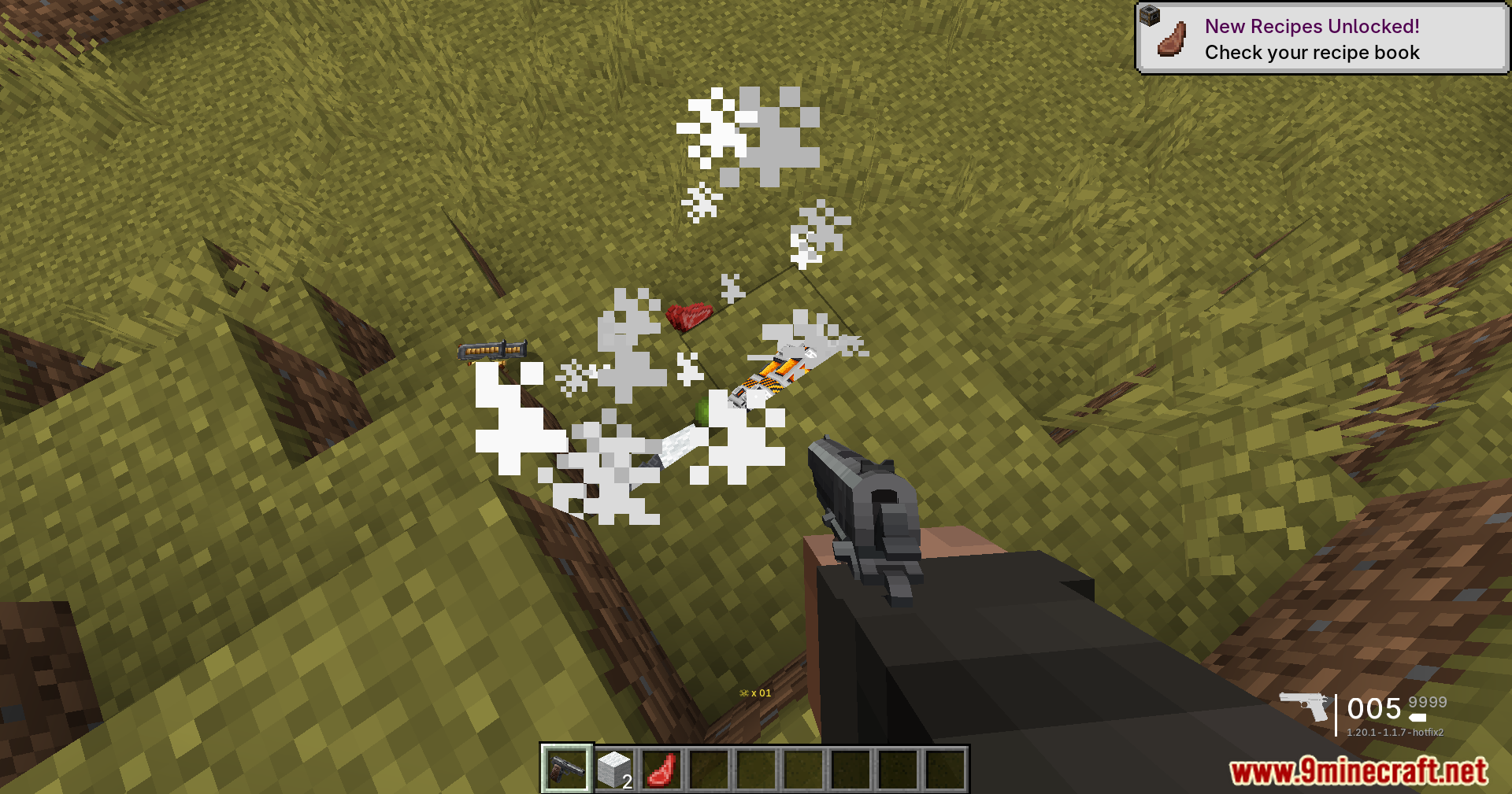 TaCZ Bullets Back Mod Screenshot 3 Player holding a gun looking at dropped ammo and meat on the ground