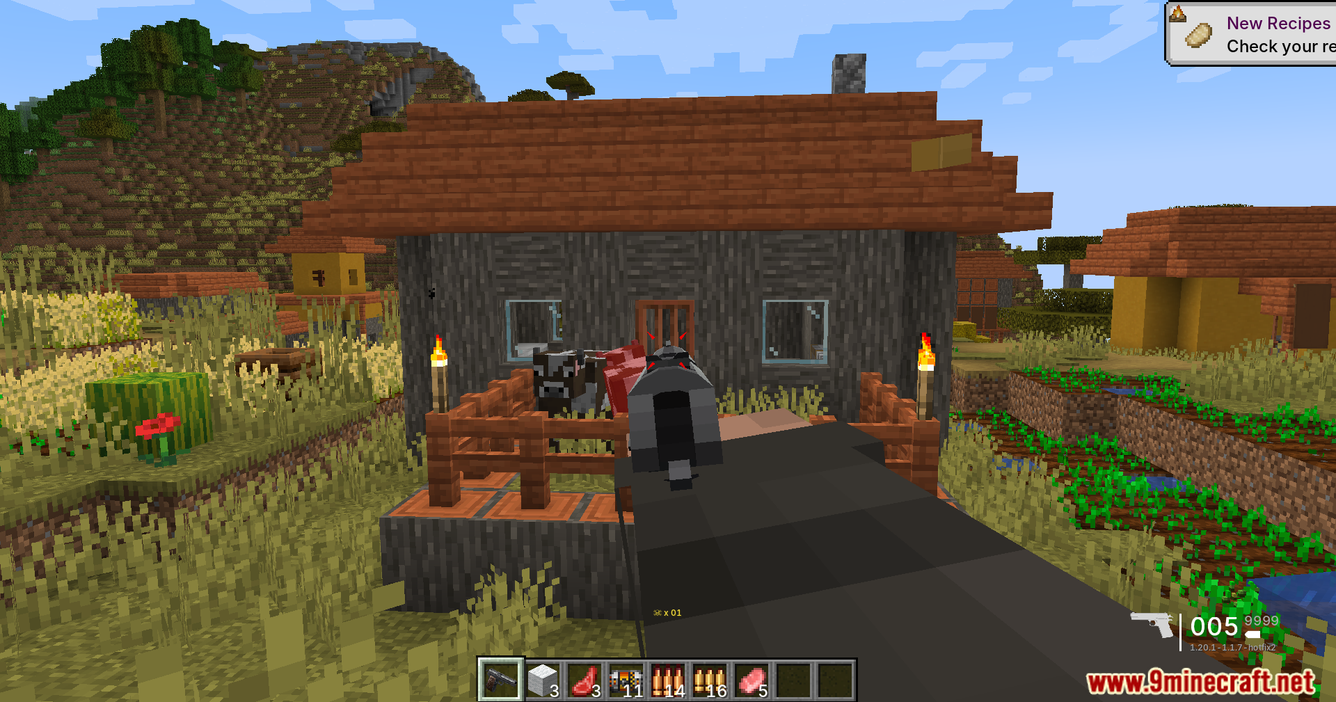 TaCZ Bullets Back Mod Screenshot 5 Player aiming a handgun at a cow inside a wooden pen