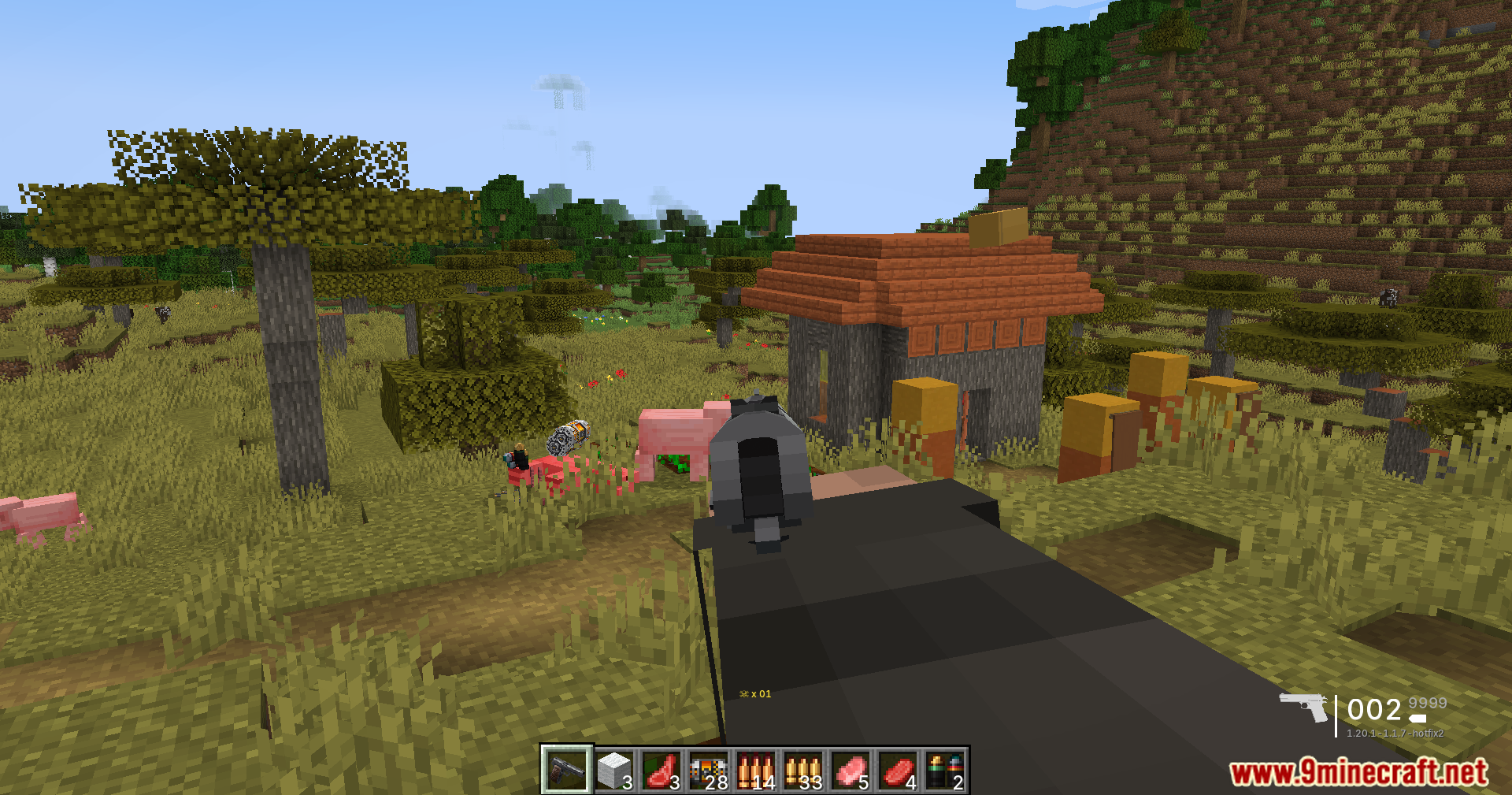 TaCZ Bullets Back Mod Screenshot 7 Player aiming a pistol at pigs to collect dropped ammo in a village