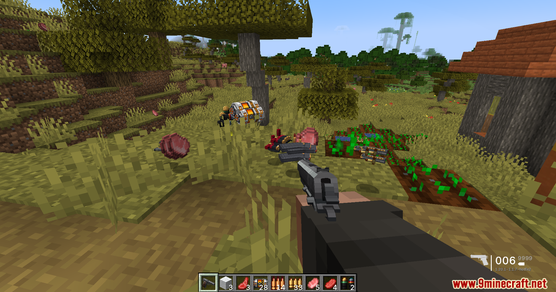 TaCZ Bullets Back Mod Screenshot 9 Player holding a gun looking at dropped ammo and meat on the ground