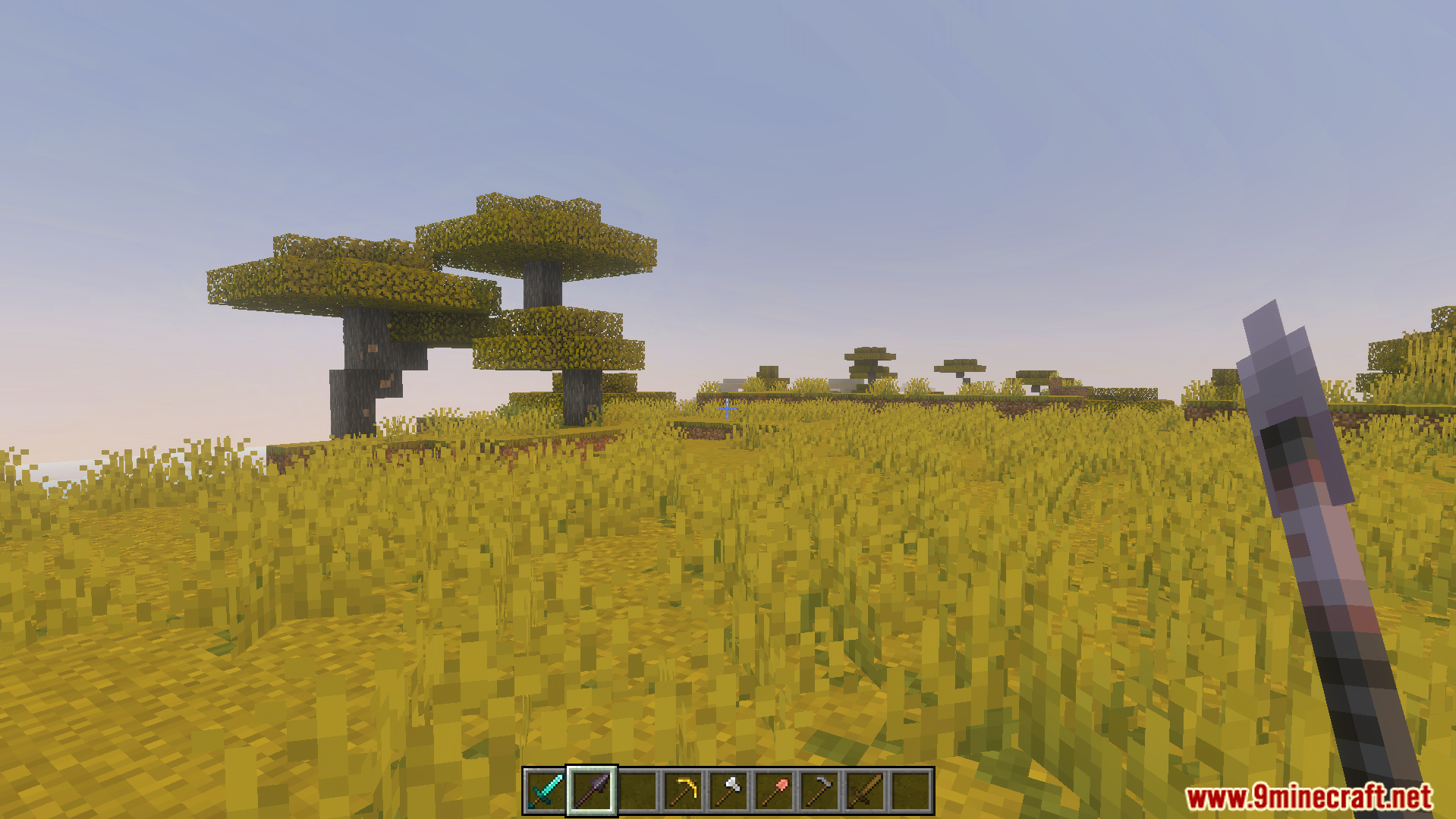 Tactical 3D Tools and 3D Weapons Pvp Texture Pack Screenshot 4 First person view showing custom three dimensional tools and weapons in the hotbar