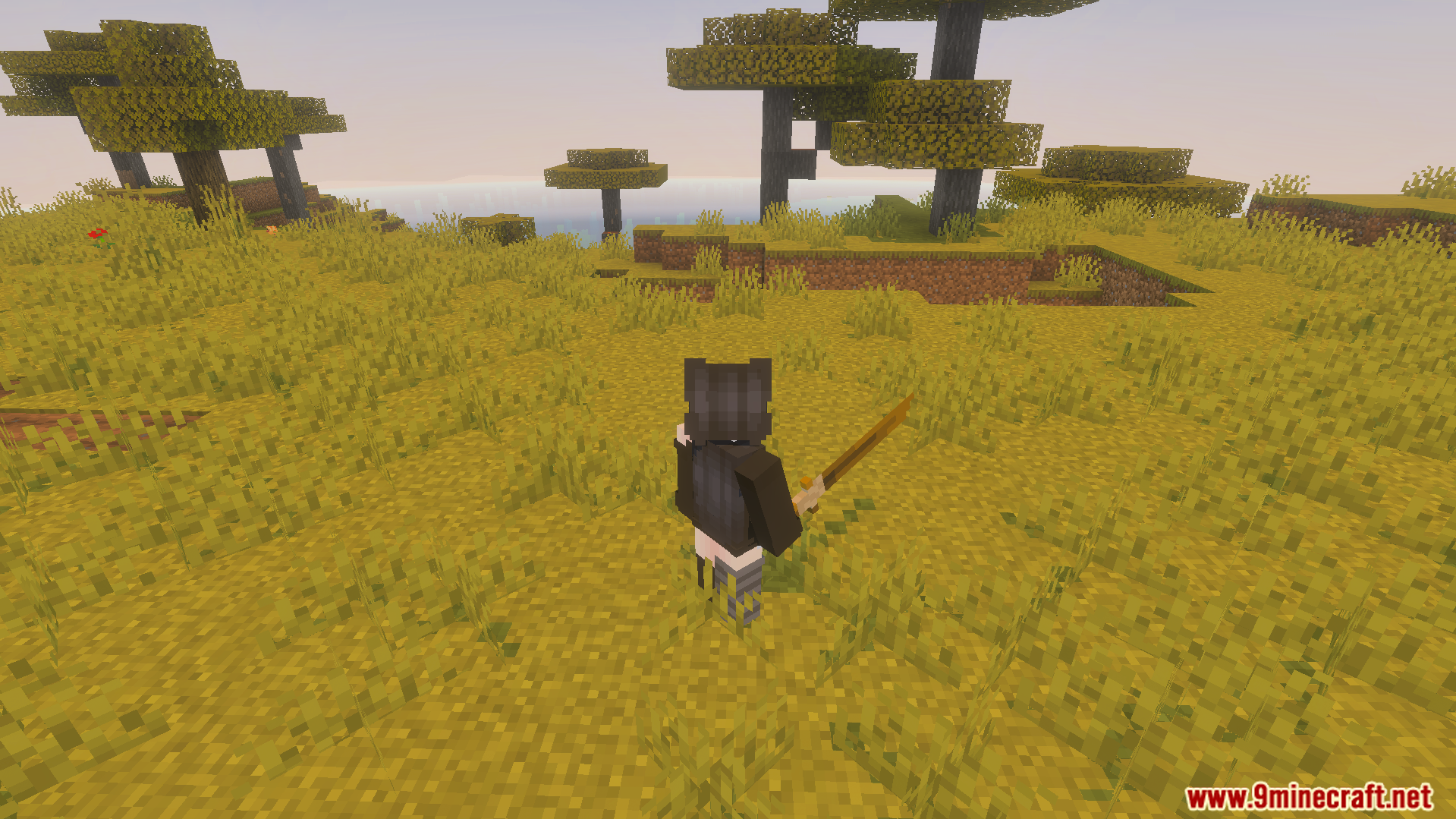 Tactical 3D Tools and 3D Weapons Pvp Texture Pack Screenshot 8 Character wielding a custom three dimensional sword model in a sunny savanna biome