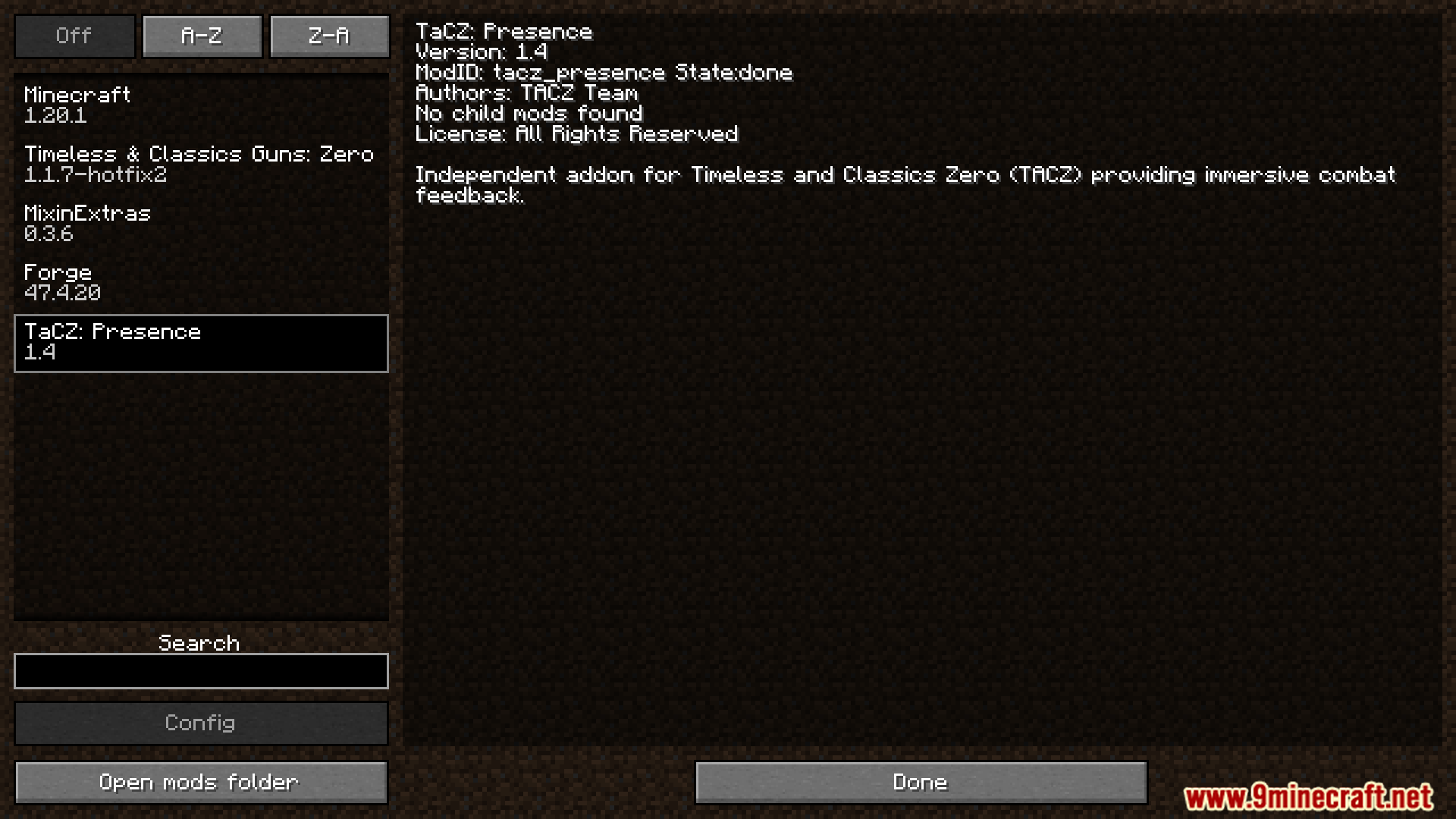 TaCz Presence mod details in the mods menu
