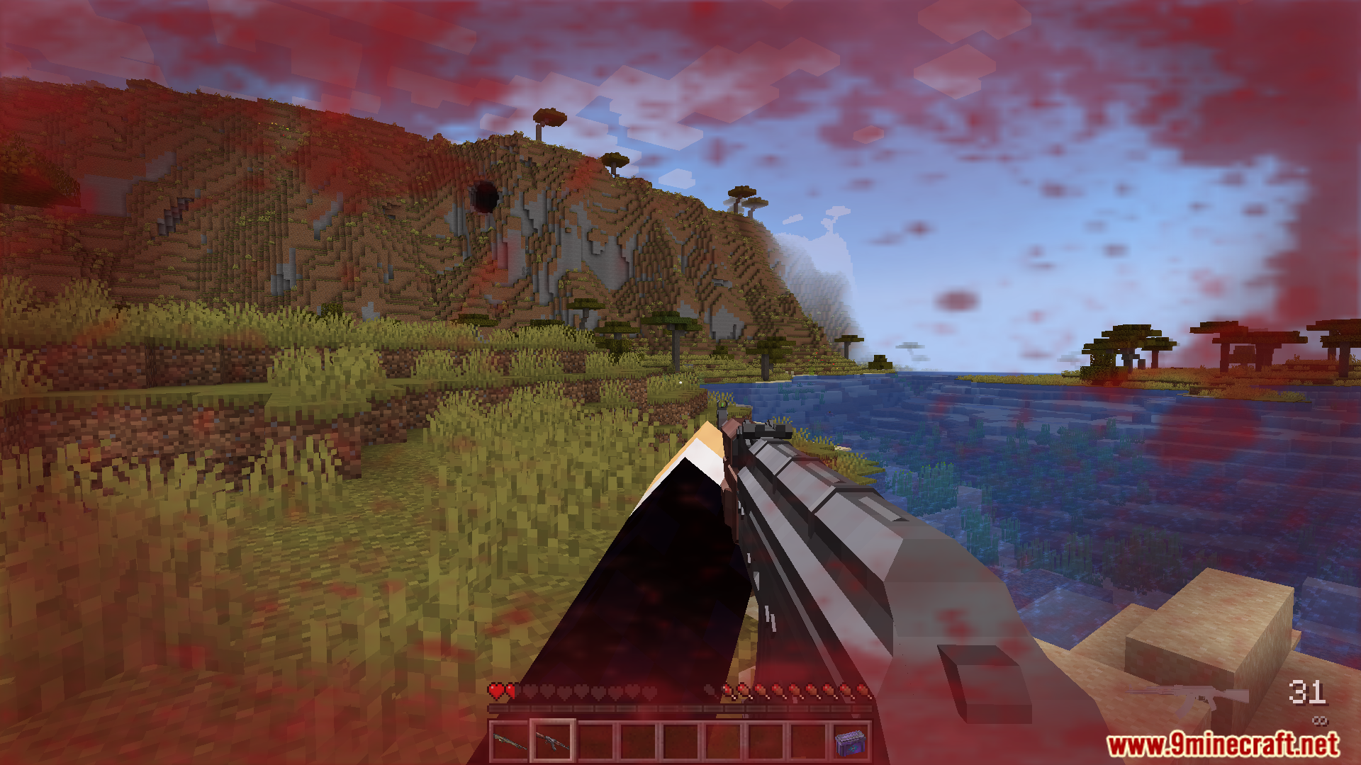 First-person view with a red blood screen effect