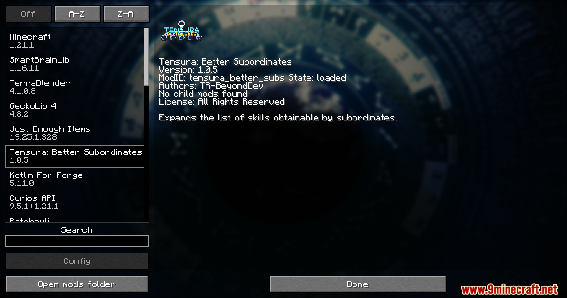 Tensura Better Subordinates Mod Screenshot 1 Minecraft mod menu displaying details for Tensura Better Subordinates mod