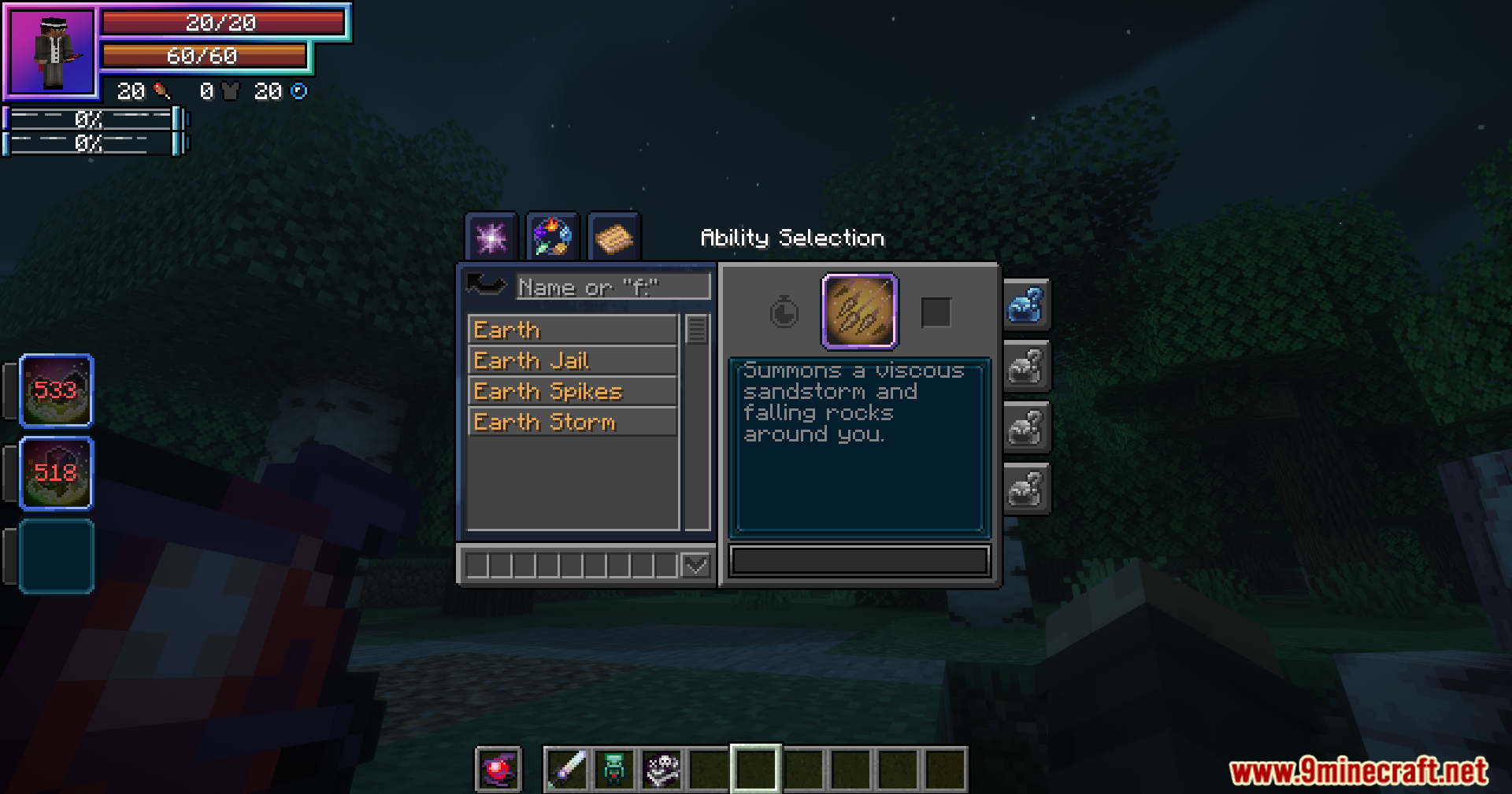 Tensura Better Subordinates Mod Screenshot 10 Viewing the sandstorm skill description within the Minecraft ability selection interface