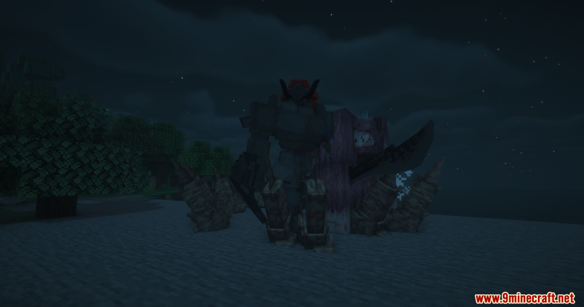 Tensura Better Subordinates Mod Screenshot 11 A large dark monster stands on a snowy beach at night in Minecraft