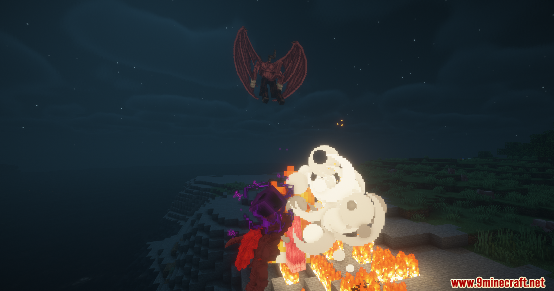 Tensura Better Subordinates Mod Screenshot 12 A winged creature flies above a fiery explosion on a snowy cliff