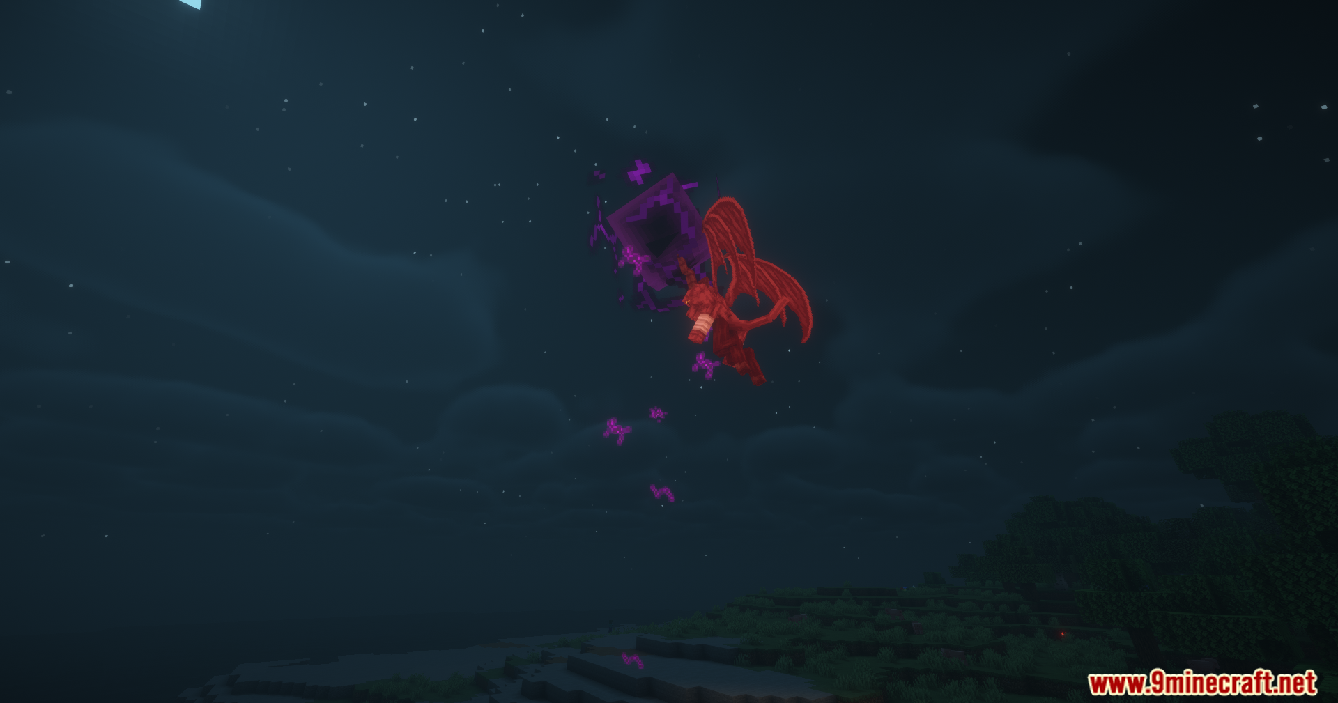 Tensura Better Subordinates Mod Screenshot 13 Red winged demon creature flying in night sky with purple magic effect