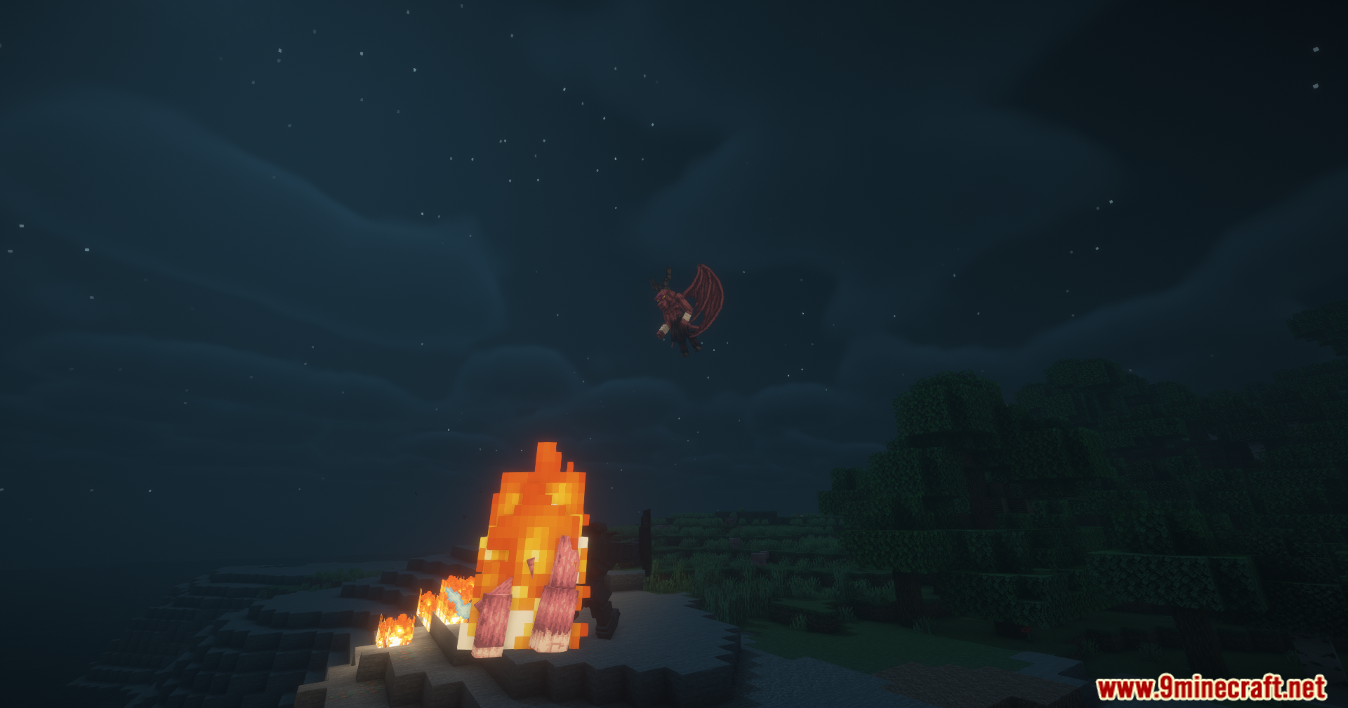 Tensura Better Subordinates Mod Screenshot 14 Red winged creature flying above a large fire burning on the ground