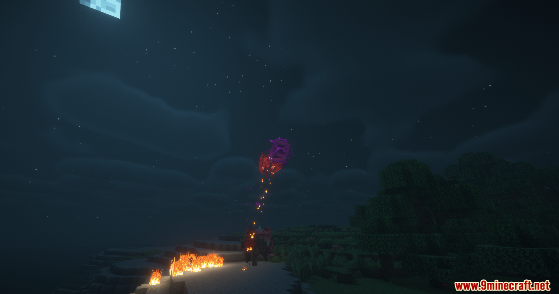 Tensura Better Subordinates Mod Screenshot 15 A glowing purple entity launches a fiery attack in the dark night sky