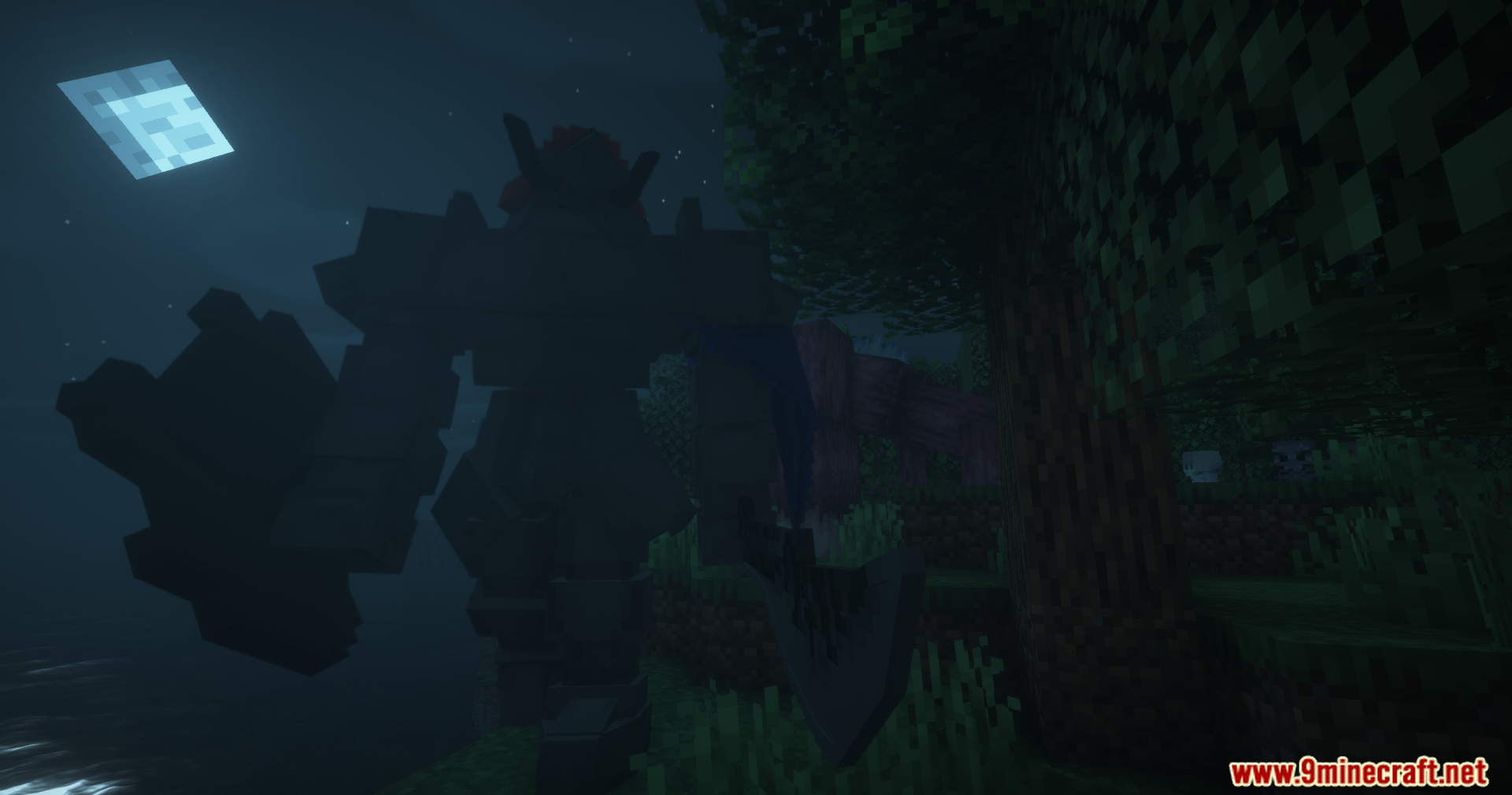 Tensura Better Subordinates Mod Screenshot 4 Large dark boss monster holding a weapon near the water at night