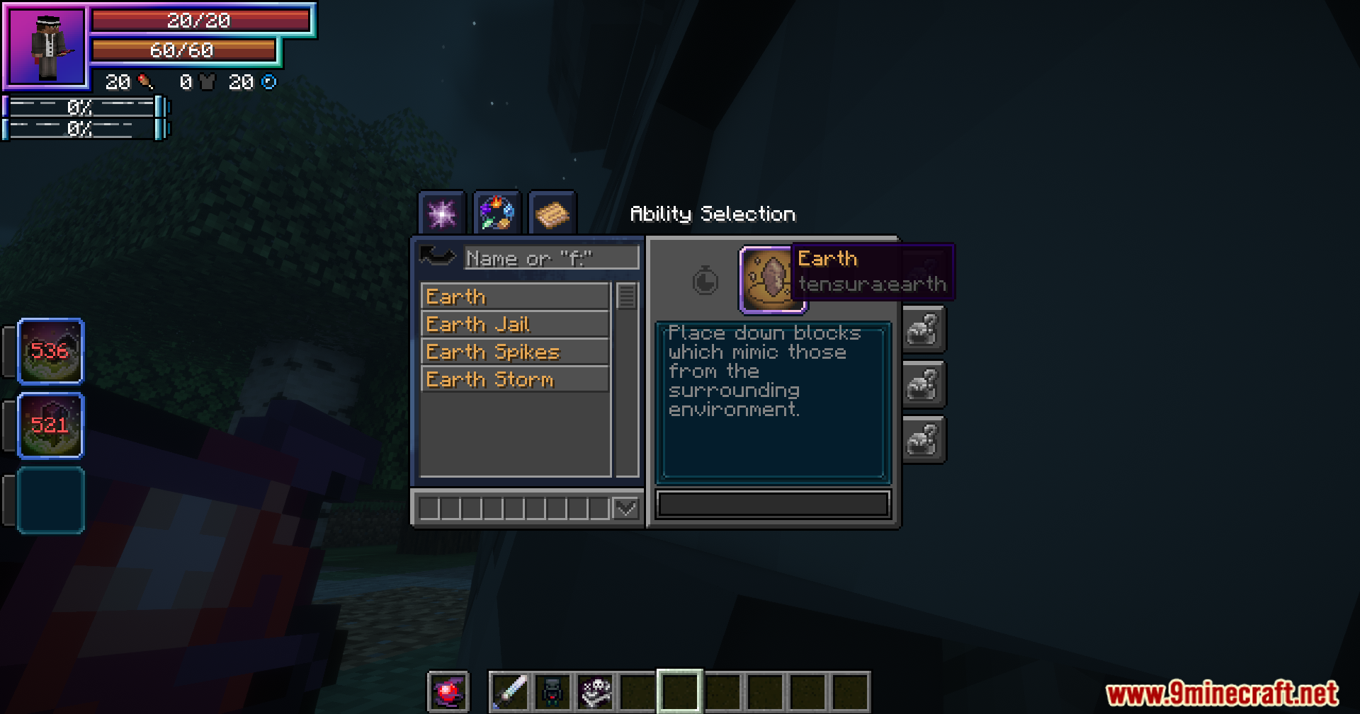 Tensura Better Subordinates Mod Screenshot 7 Player checking the Earth skill details in the ability selection menu