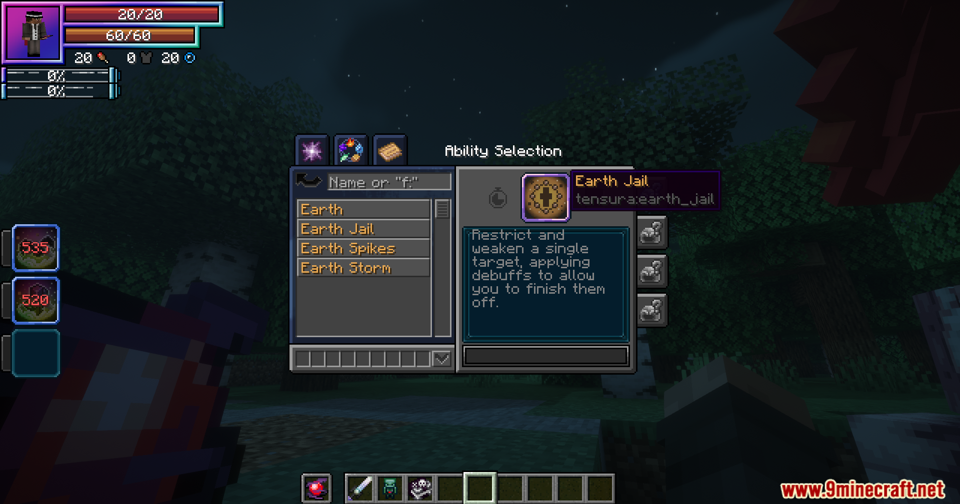 Tensura Better Subordinates Mod Screenshot 8 Player reading the Earth Jail skill description in the ability menu