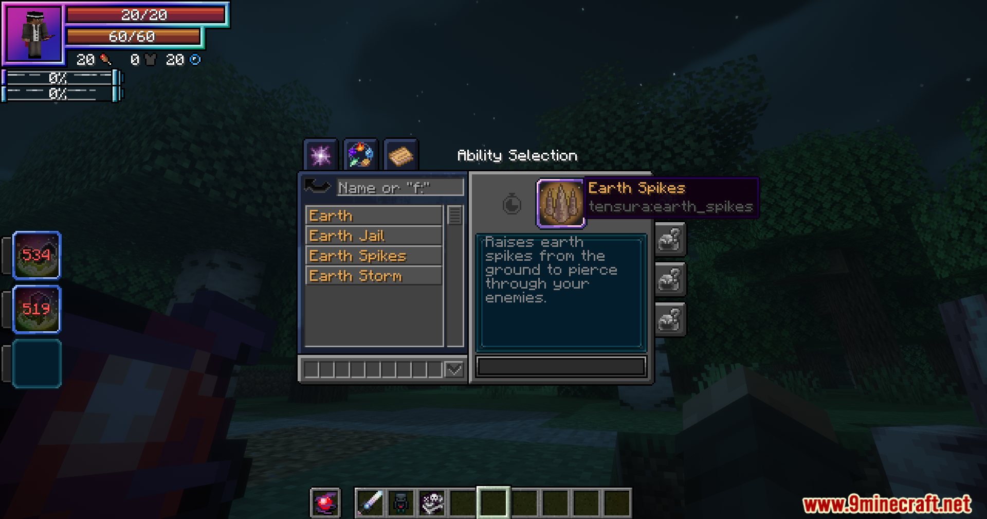 Tensura Better Subordinates Mod Screenshot 9 Minecraft ability selection menu showing the Earth Spikes skill description