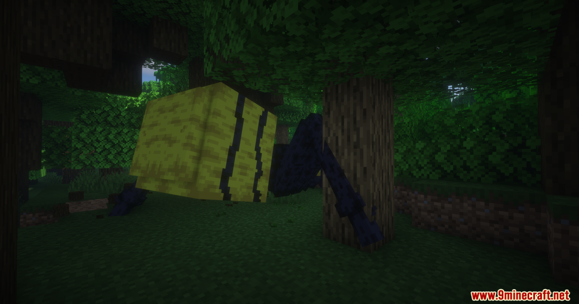 Tensura Compat Ftb Mod Screenshot 11 Giant yellow and black insect mob hovering in a dark Minecraft forest