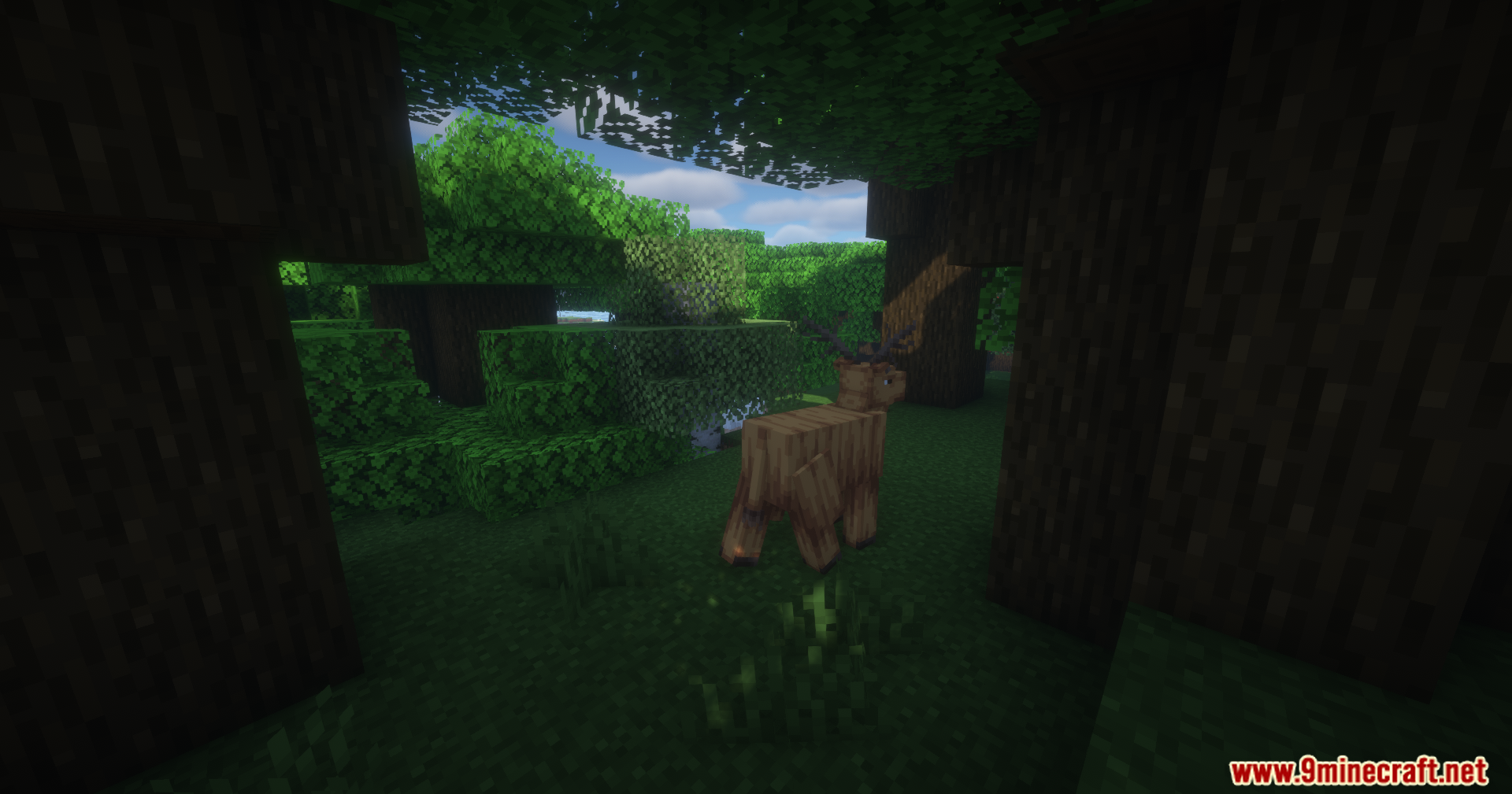 Tensura Compat Ftb Mod Screenshot 12 Brown blocky deer mob standing in a bright green Minecraft forest clearing