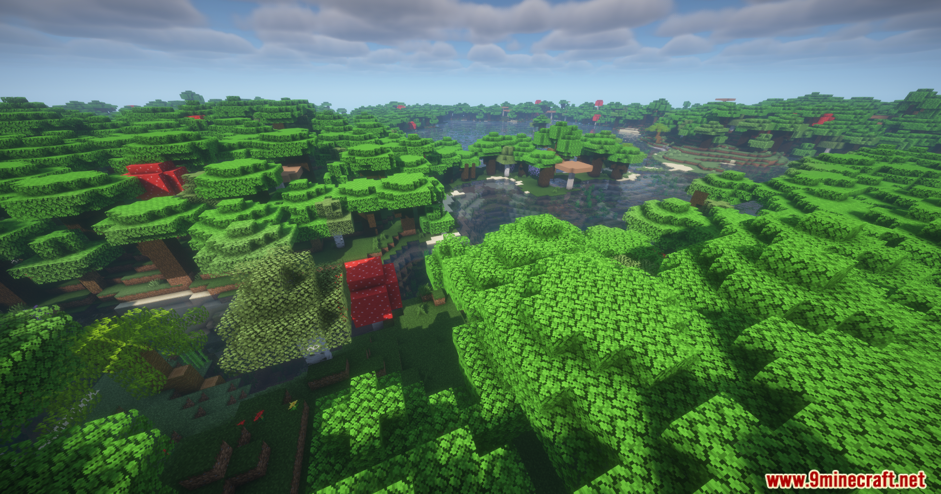 Tensura Compat Ftb Mod Screenshot 8 A wide view of a lush forest biome with large trees and mushrooms