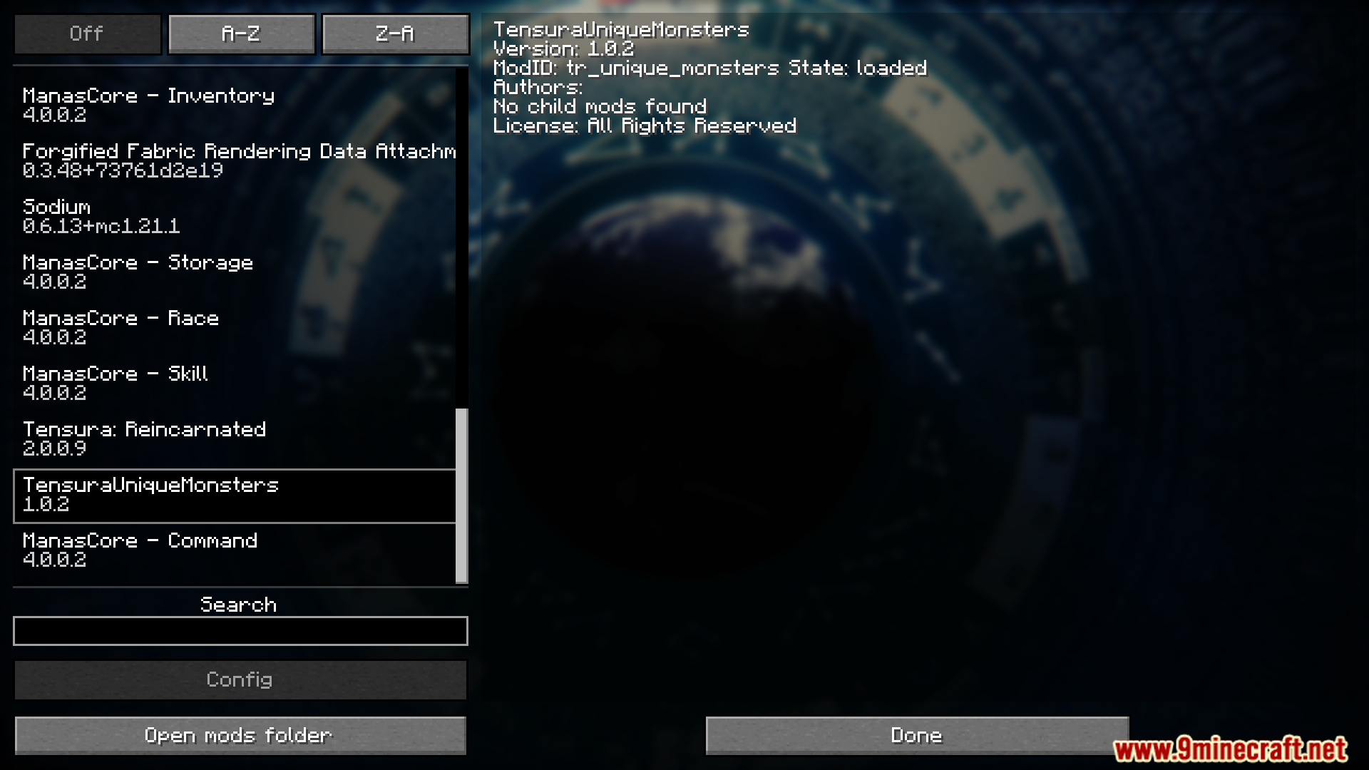 TensuraUniqueMonsters mod listed in the mods menu