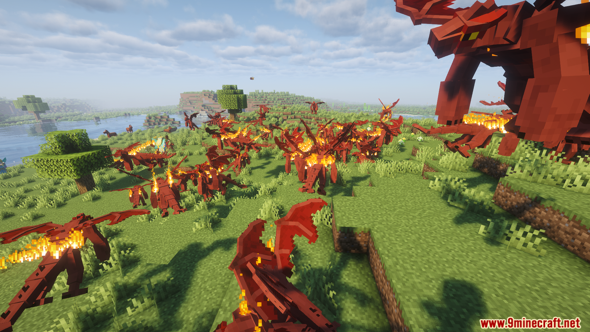 A massive swarm of red fire dragons attacks
