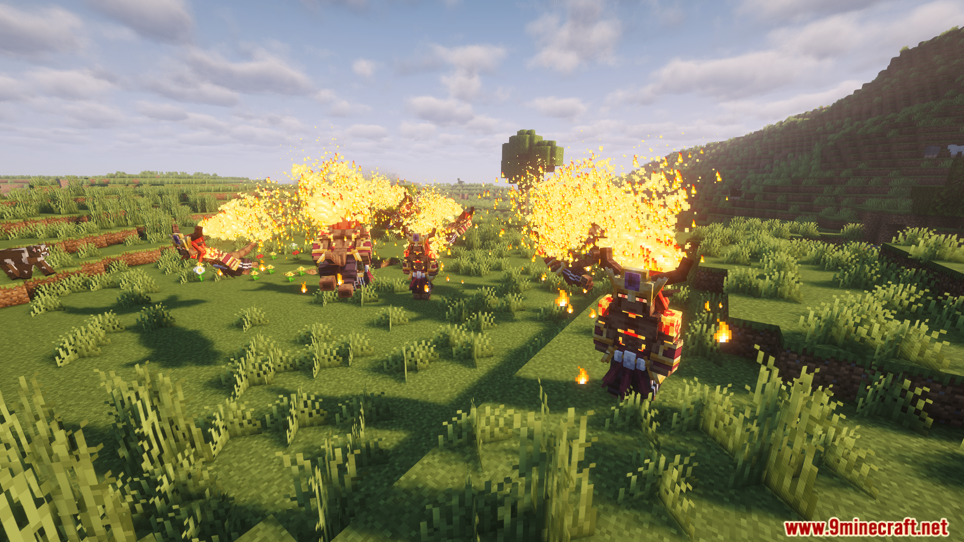 Large fiery boss monsters attacking in a field