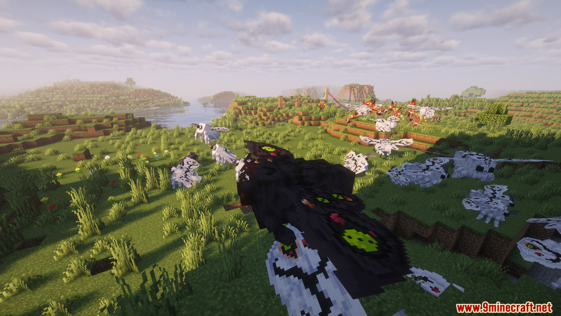 A black winged monster flies over a chaotic monster battle