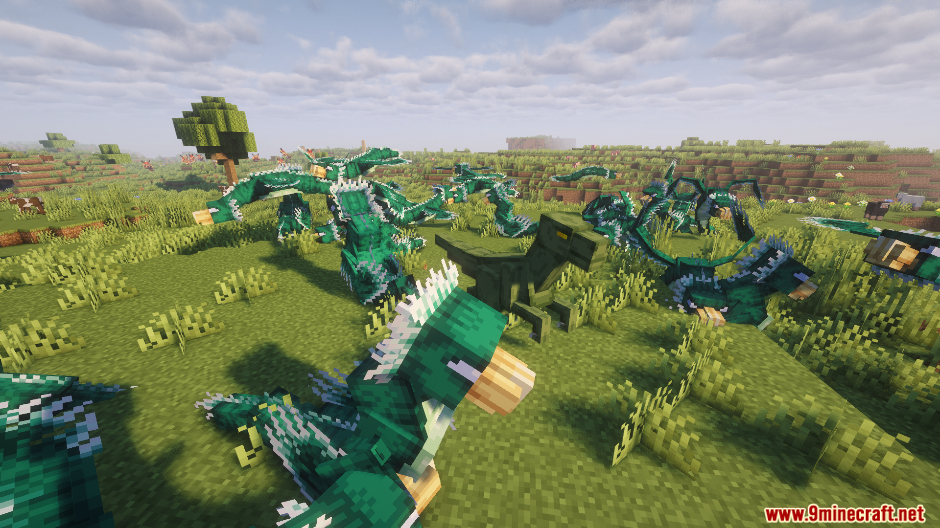A large pack of green reptilian monsters on the plains