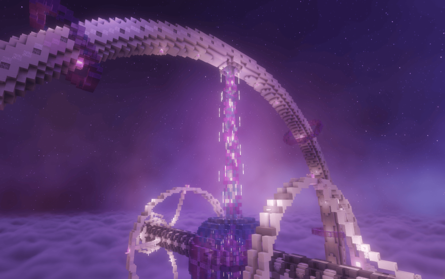 The Damocles Schematic Screenshots 3 A massive futuristic space station with purple beams floating above the clouds