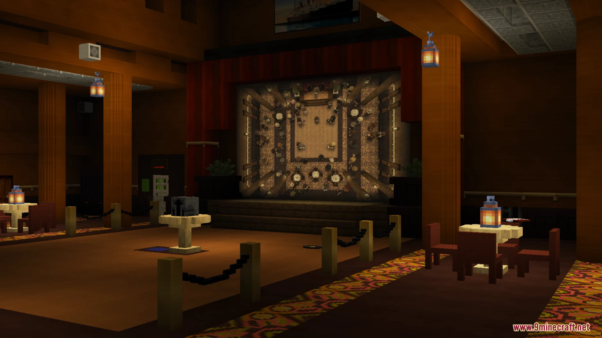 An elegant ship lounge with a large clock wall on stage