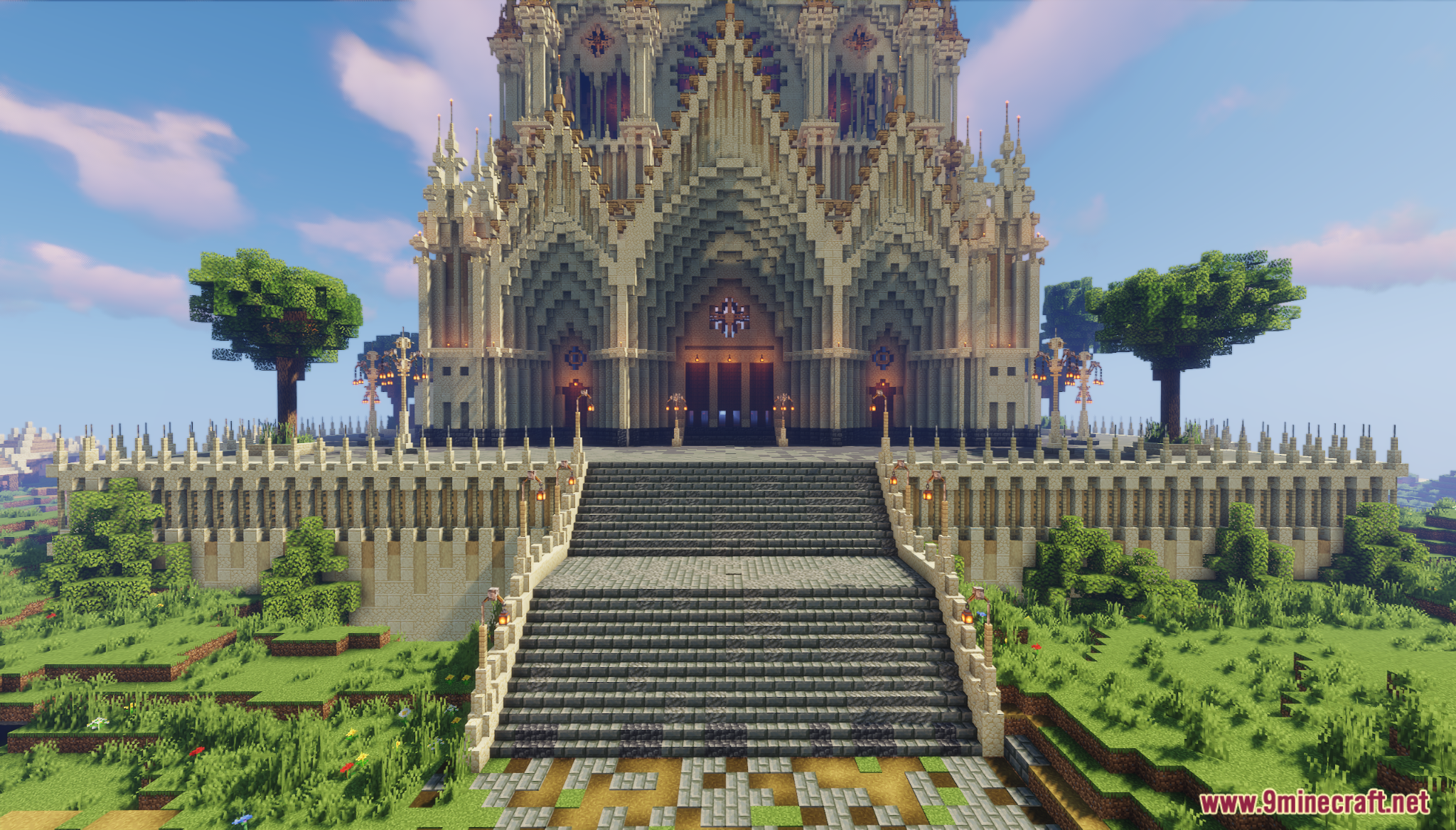 The First Cathedral Map Screenshot 1 A grand Minecraft cathedral with a wide staircase leading to the entrance