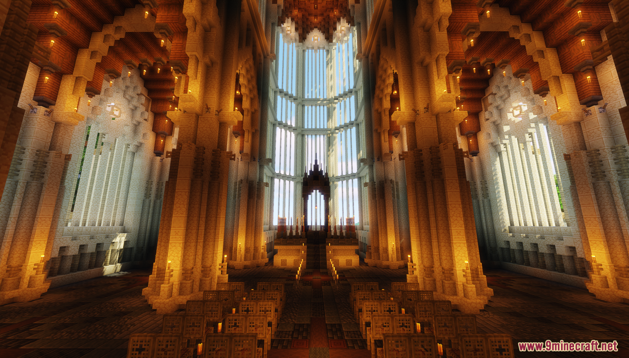 The First Cathedral Map Screenshot 10 A large cathedral interior featuring tall windows and rows of pews