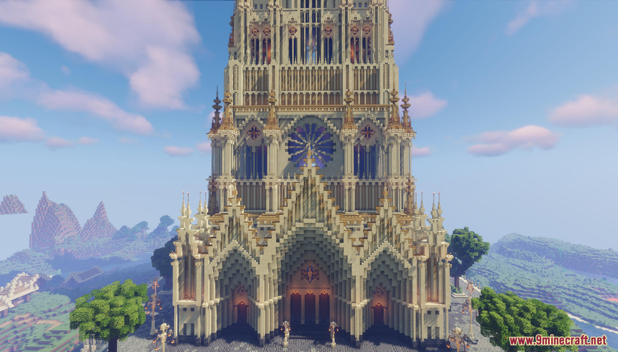 The First Cathedral Map Screenshot 2 A tall Minecraft cathedral with intricate gothic architecture and a rose window