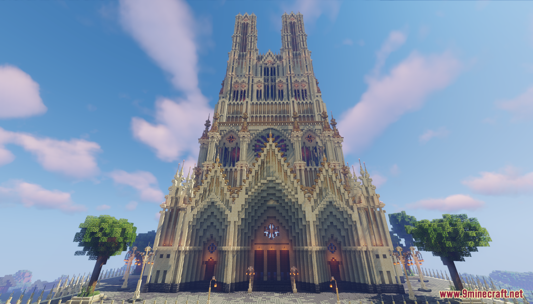 The First Cathedral Map Screenshot 3 A large Minecraft cathedral with two tall towers and intricate details