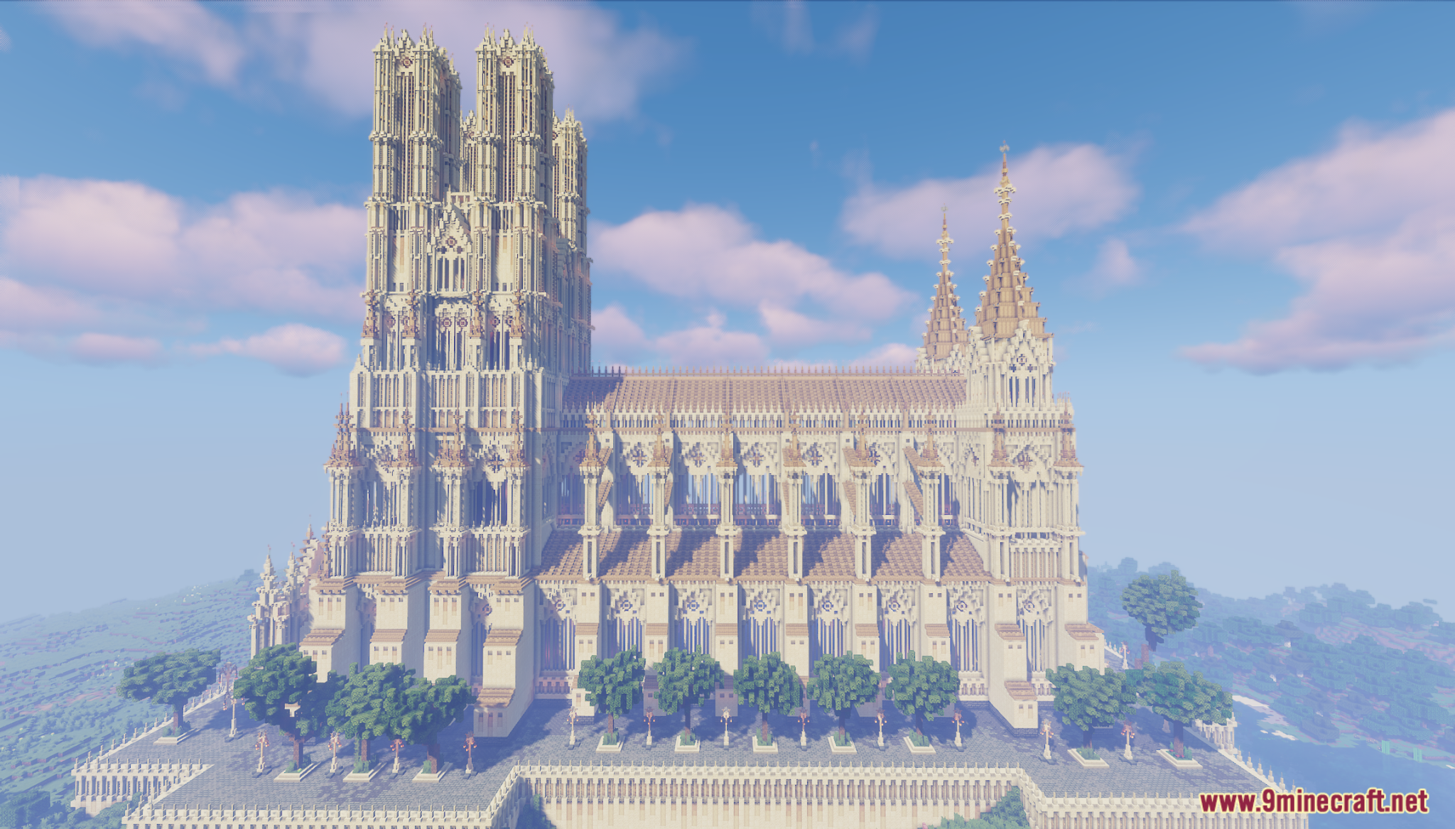 The First Cathedral Map Screenshot 4 A side view of the Minecraft cathedral showing its length and flying buttresses