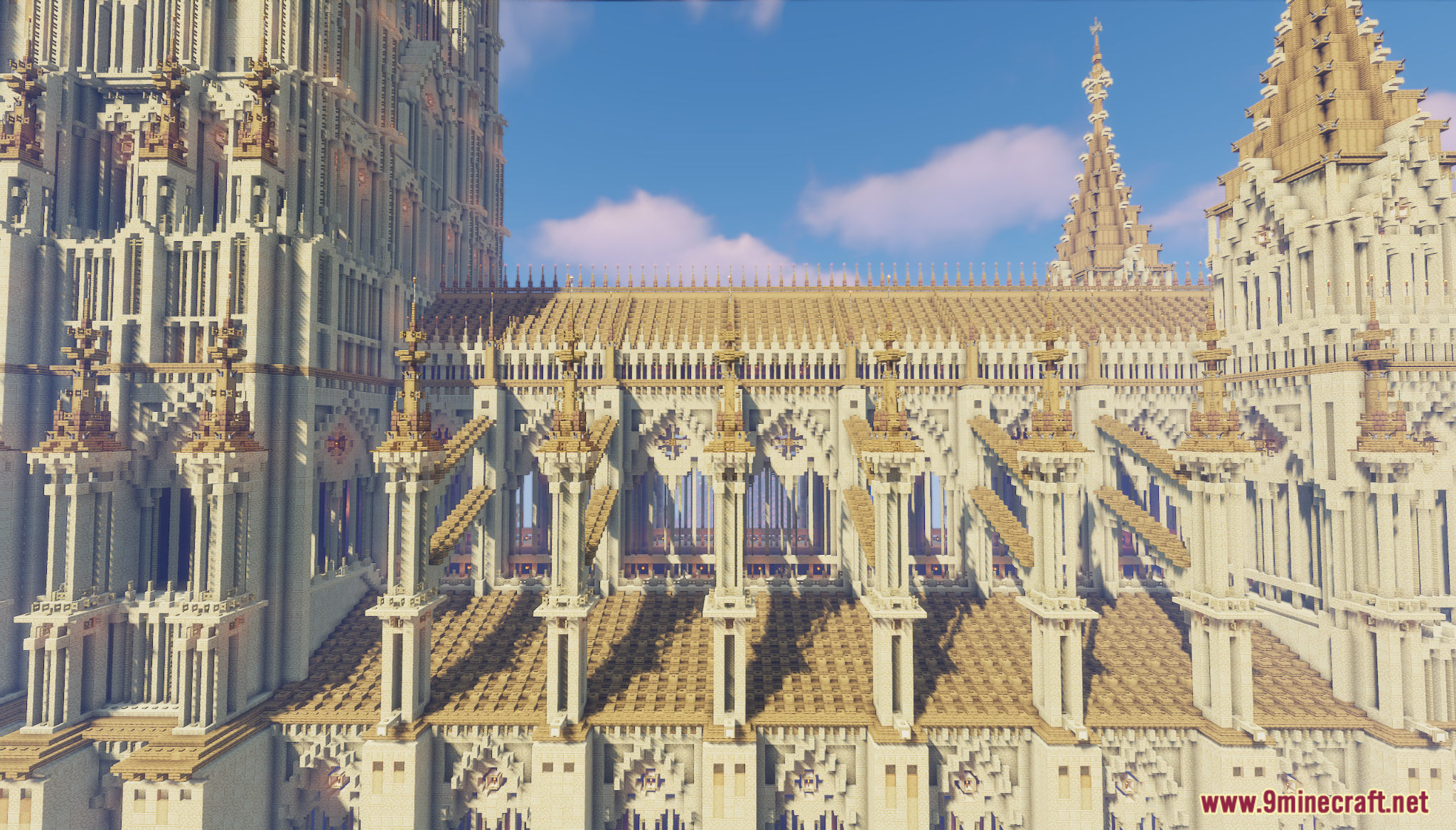 The First Cathedral Map Screenshot 7 Detailed side view of a large gothic Minecraft cathedral showing flying buttresses