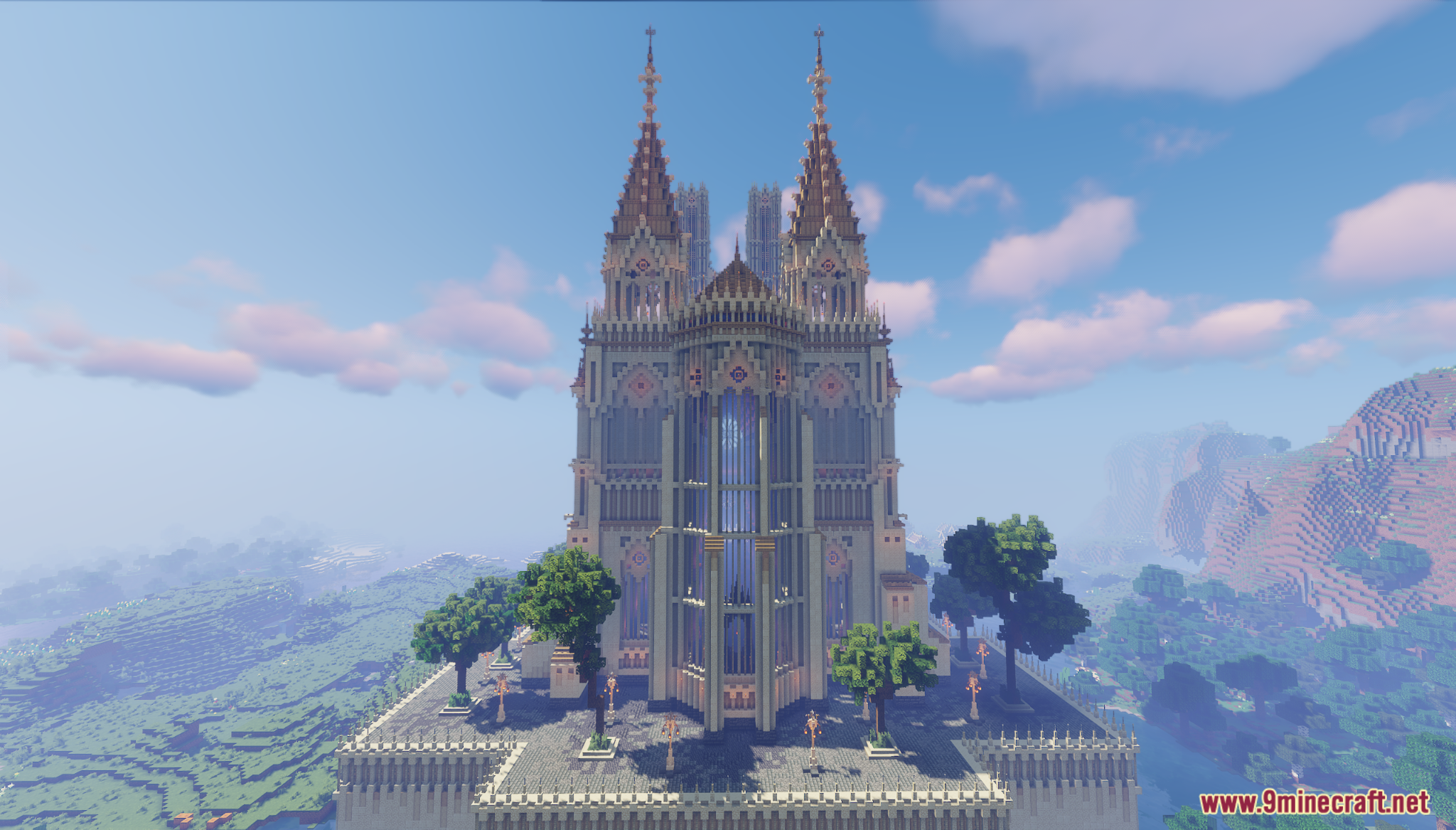 The First Cathedral Map Screenshot 8 Front exterior view of a massive Minecraft cathedral with twin spires and trees